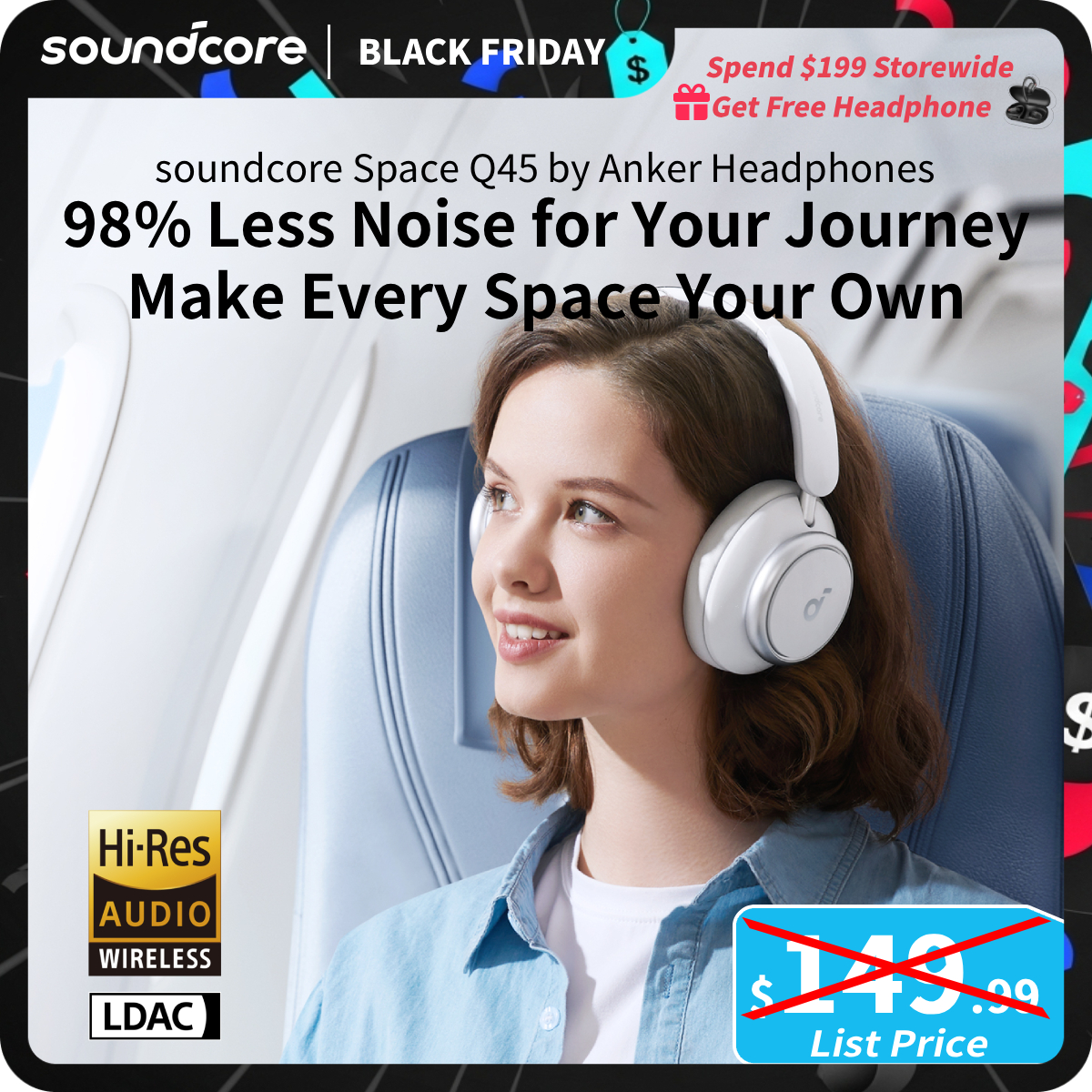 [TikTokShopBlackFriday] soundcore by Anker Space Q45 Adaptive Active Noise Cancelling Headphones, Reduce Noise by Up to 98%, 50H Playtime, App Control