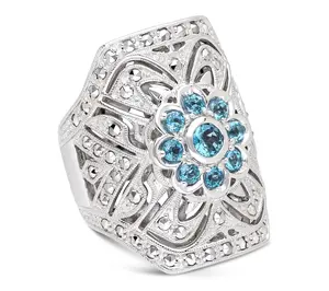 Dallas Prince Sterling Chrome Marcasite Blue Topaz Floral Ring