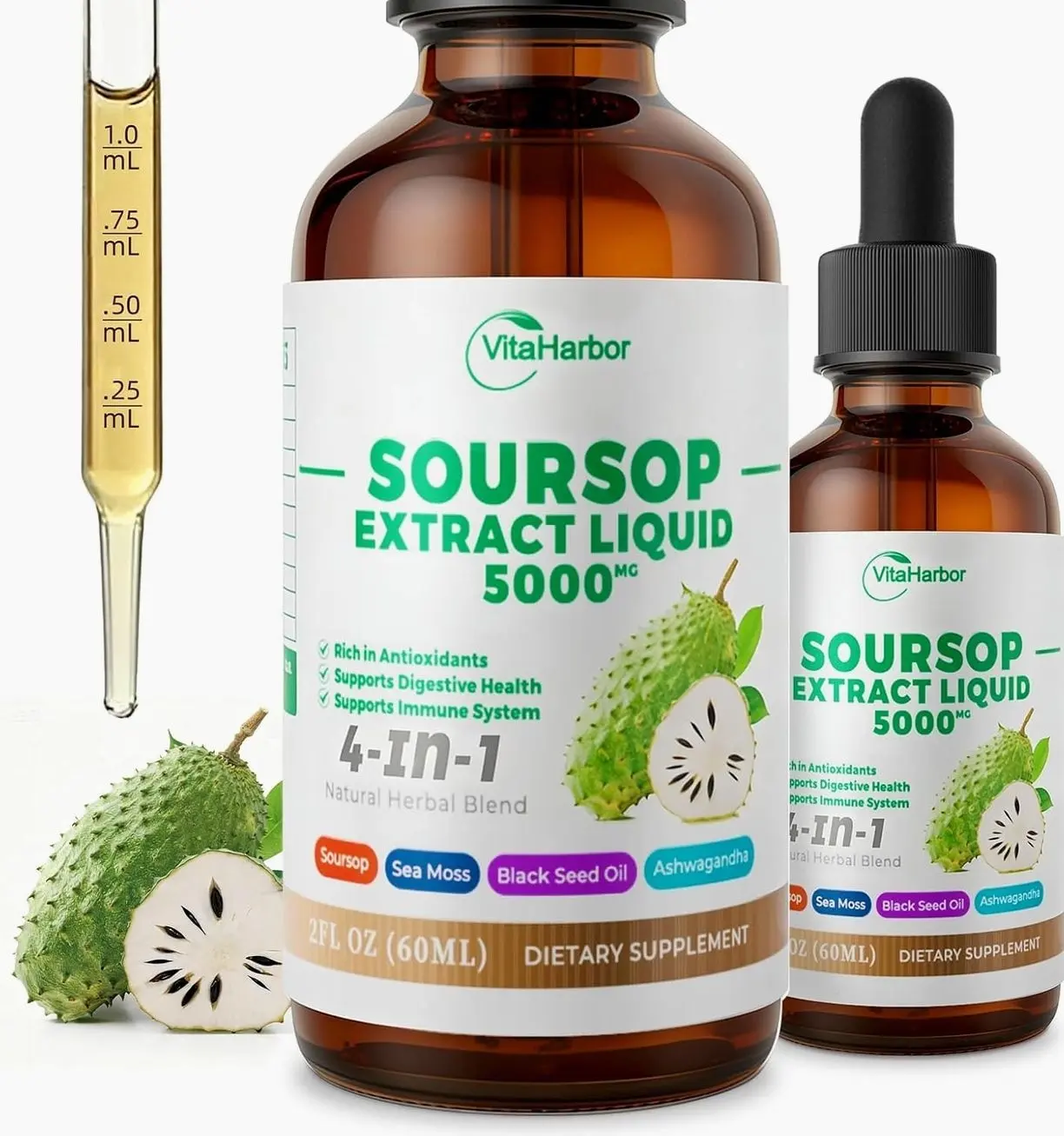 4-in-1 Soursop Bitters Liquid, Soursop Oil with Sea Moss & Black Seed Oil & Ashwagandha, for Immune & Digestive & Cell Support, Sugar-Free | Non-GMO | Vegan (2 Fl oz) Slightly Sweet Flavor