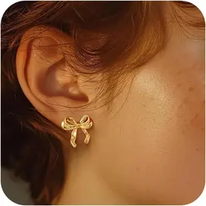Dainty 14K Gold Earring Sets Tiny Cartilage Bow Butterfly CZ Stud Small Chunky Open Hoop Earrings Set Multiple Piercing for Women