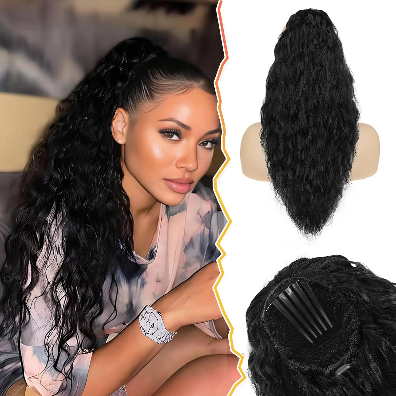BARSDAR 22 Inch Curly Wavy Drawstring Ponytail Extension – Synthetic Comb Clip in Ponytail Hair Extensions for Women, Voluminous Natural Looking Bohemian Ponytail Hairpieces for Daily Party