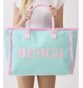 EMBROIDERED BEACH LETTER TERRY CLOTH TOTE BAG