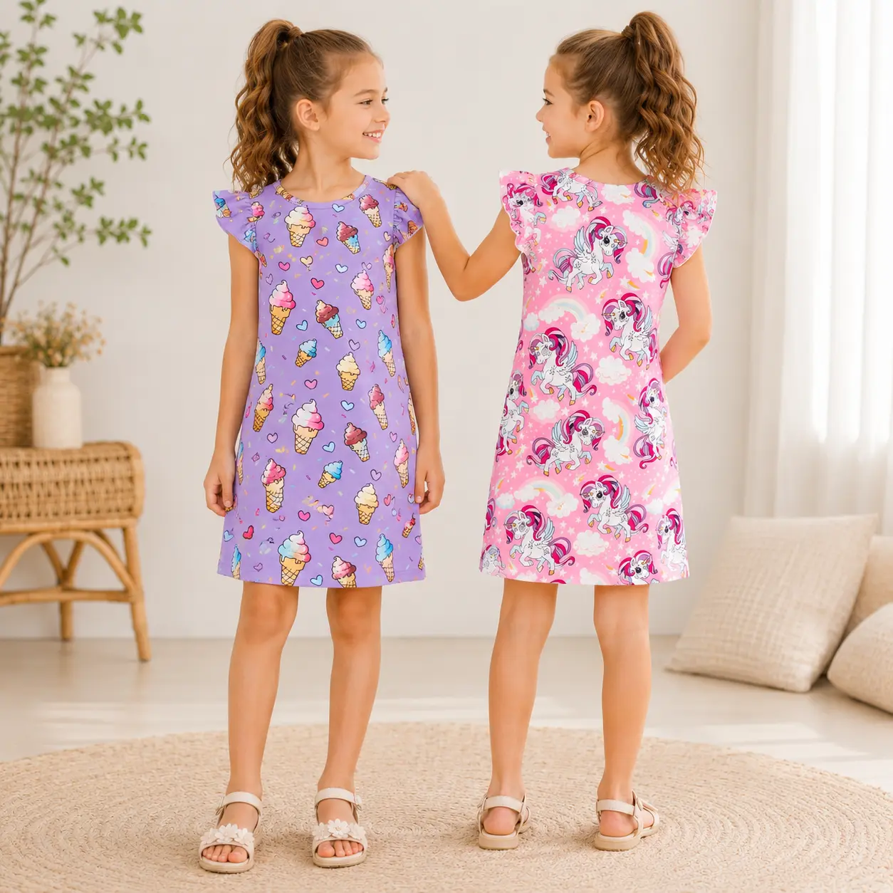 2-Pack Girls Flutter Sleeve Summer Dresses for 4-7 Years , Magical Pink Unicorn & Purple Ice Cream Print Set , Cute Everyday Casual Play Dresses