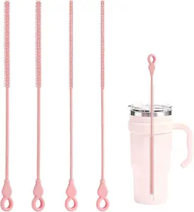 Silicone Straw Cleaner Brush, 4-Piece Reusable Straw Brush Set with Extra-Long Design for Cleaning Thin Metal Straws and Wider Milkshake Straws （6Mm+9Mm Pink) TenderBloom