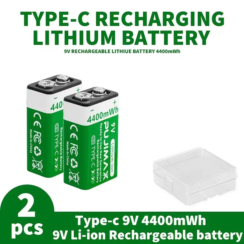 9V Rechargeable Batteries 4400mWh with Charging Storage Case, USB-C 4-Slot Charger Kit, 1.5V Lithium Battery Set for Smoke Detectors