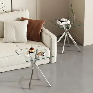 2-Piece Square Tempered Glass Side Table | 17.72" Clear End Tables set of 2 with Golden/Black/Silver Legs for Sofa/Bedroom