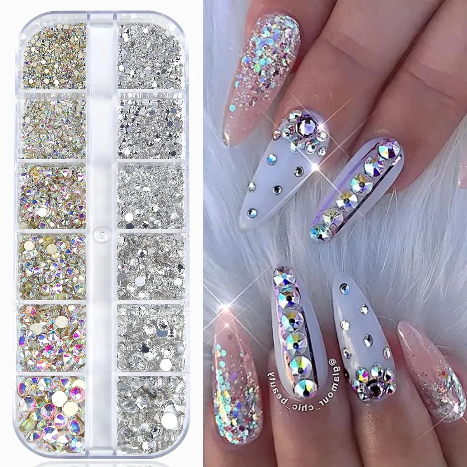 12 Grid Nail Rhinestones Set DIY Rhinestone 15mm to 4mm 3D Nail Art Glass Crystals Clear Nail Stones Flatback Charms Multi Shape Nail Diamonds, Nail Decoration Supplies, Rhinestone Decoration, for Nail Art Decorations