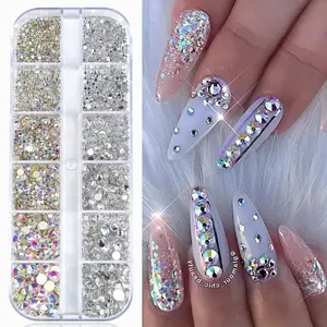 12 Grid Nail Rhinestones Set DIY Rhinestone 15mm to 4mm 3D Nail Art Glass Crystals AB and Clear Nail Stones Gems Pearls Flatback Charms Multi Shape Nail Diamonds for Acrylic Nails and Nail Art Decoration