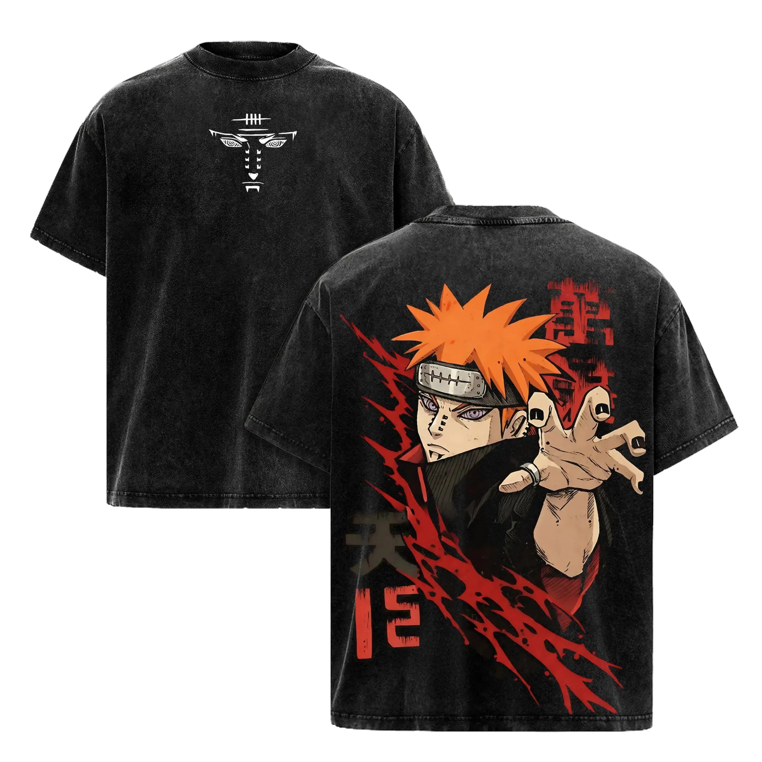 Vintage Washed Oversized Anime Graphic Tee Heavyweight Cotton Streetwear T-Shirt Pain Nagato Akatsuki Ninja Leader Manga Cosplay Apparel Y2K Fashion Retro Grunge Gym Pump Cover Everyday Casual Unisex Top Outfits For Men & Women Japanese Aesthetic