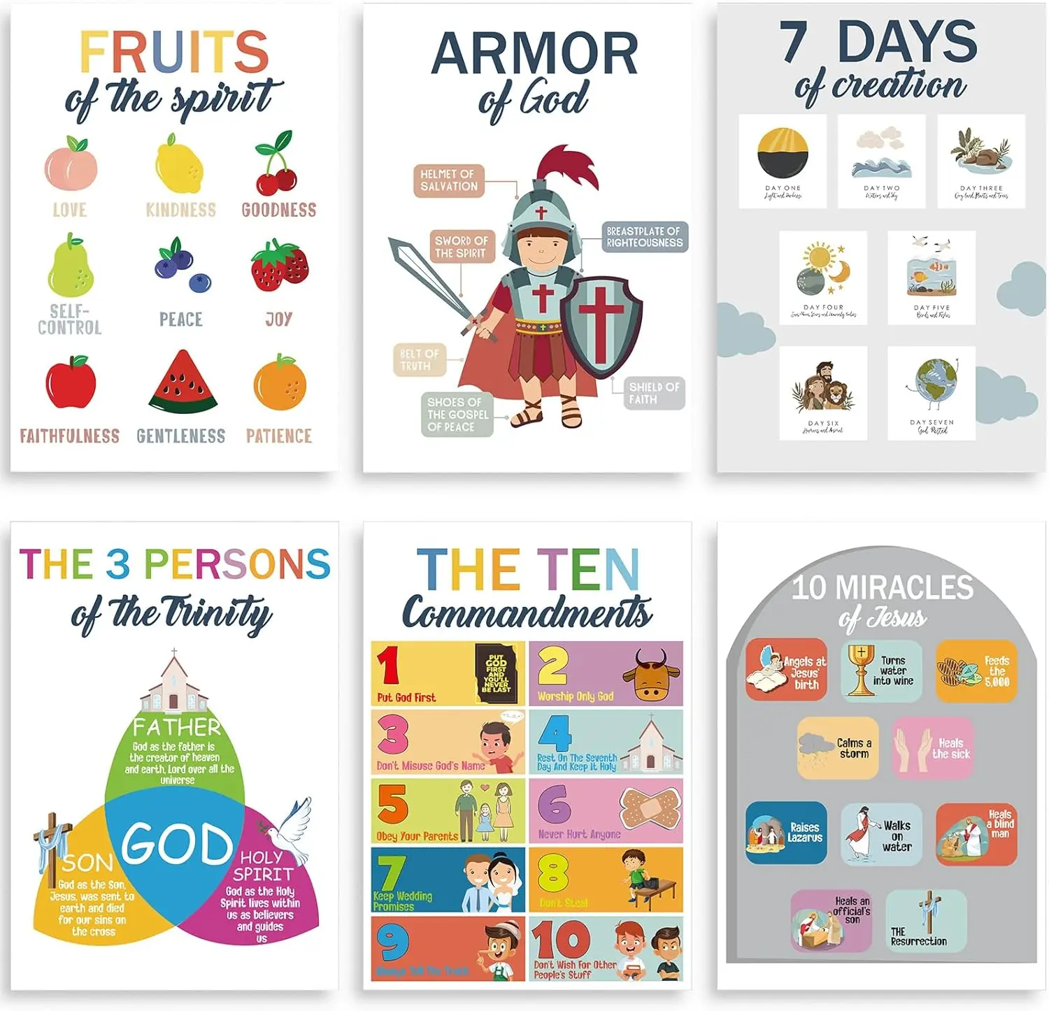 6 Pcs Sunday School Posters Decorations, Christian Wall Decor for Classroom Wall, 8. 3 x 11. 8 Inches Books of the Bible Poster Fruits of the Spirit, 10 Commandments, Religion Deco
