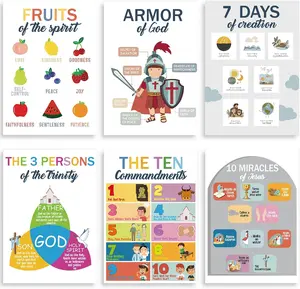 6 Pcs Sunday School Posters Decorations, Christian Wall Decor for Classroom Wall, 8. 3 x 11. 8 Inches Books of the Bible Poster Fruits of the Spirit, 10 Commandments, Religion Deco