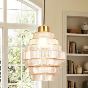 9.1 Inch Amber Ribbed Tiered Hanging Lamp, Glass Pendant Light, Copper Kitchen Island Dining Room Bedroom Ceiling Light, E26 Warm Light Chandelier