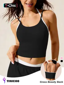 Women's Seamless Halter Top, Colorblock Fashion Sports Bra, Adjustable Straps, High Stretch Breathable Skin-Friendly, Sporty Daily Wear, Strappy Workout Bra