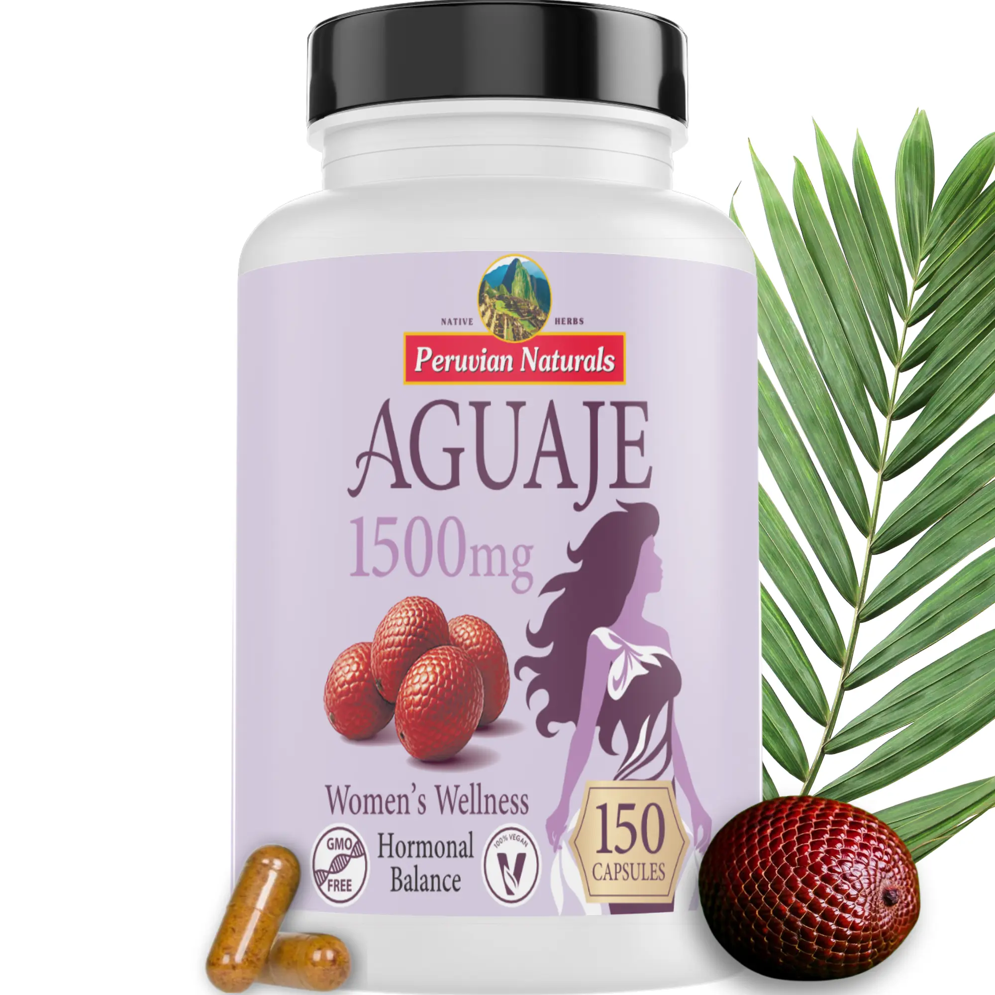 PERUVIAN NATURALS Aguaje Capsules - 150 Pill (Pastillas de Aguaje) Women's Healthcare Supplements, Buriti Fruit Vitamins, Gluten-Free, Non-GMO, Vegan, Hormone Balance, Metabolism Support, Natural Curves, Fitness Dietary Supplement, Sugar Free, Dairy Free