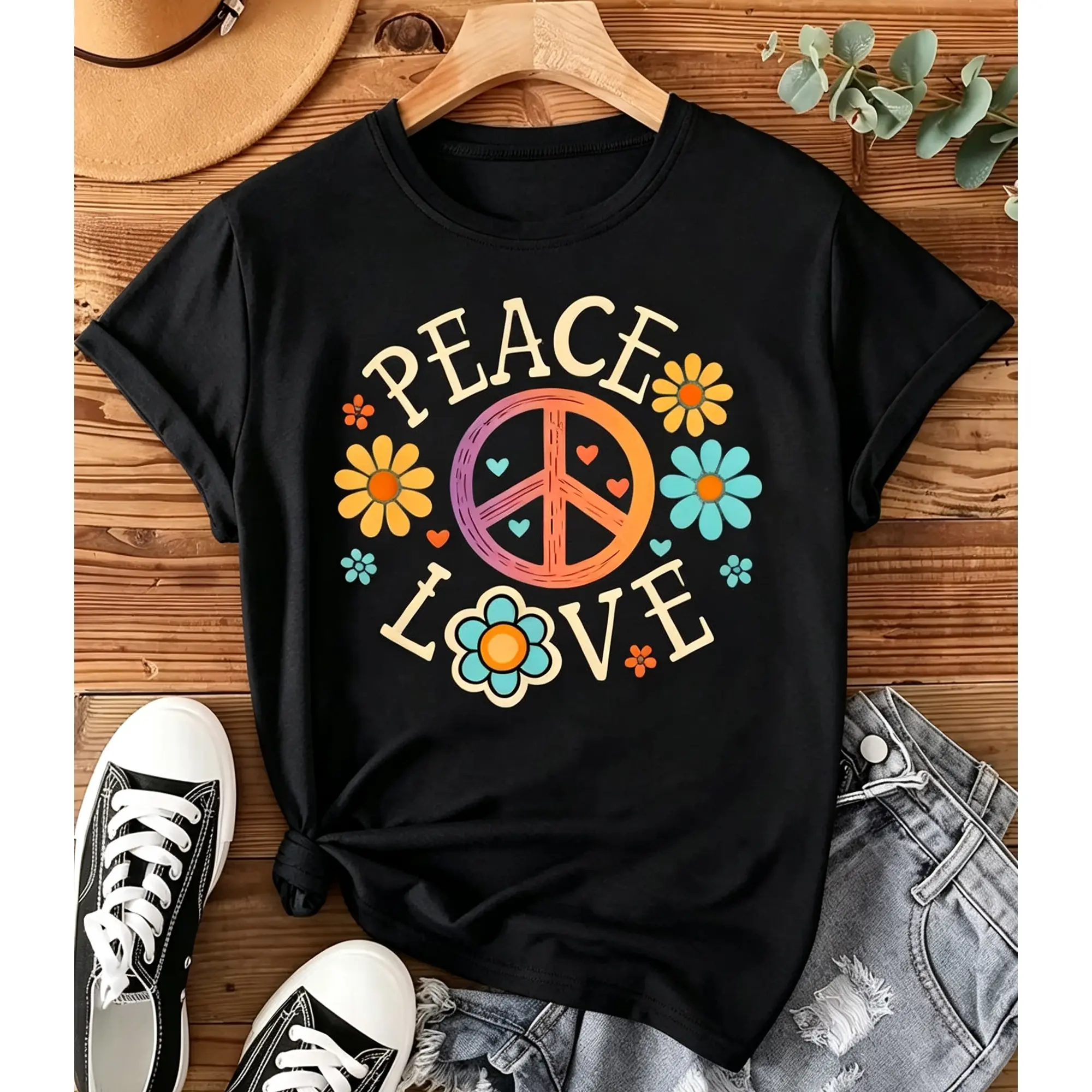 Women's Short Sleeve T-Shirt - Soft Round Neck Blouse-Compatible Top | Peace & Love Floral Print Suitable for Daily Commuting, Casual Versatile Machine Washable Blouse-Fit Design for Spring Summer Autumn Outfits