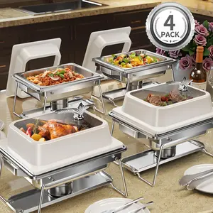 KSCOCINA 4-Pack 5QT Square Chafing Dishes for Buffet - Stackable Stainless Steel Food Warmer with Meal Prep Containers | Transparent Lid & Safety Edges for Family Gatherings, Christmas, Events Tray