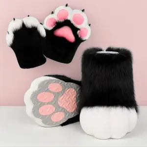 Cute Animal Paw Gloves Foot Covers Sound Generator Plush Claw Pads Cosplay Role Play Costume for Halloween Christmas Party