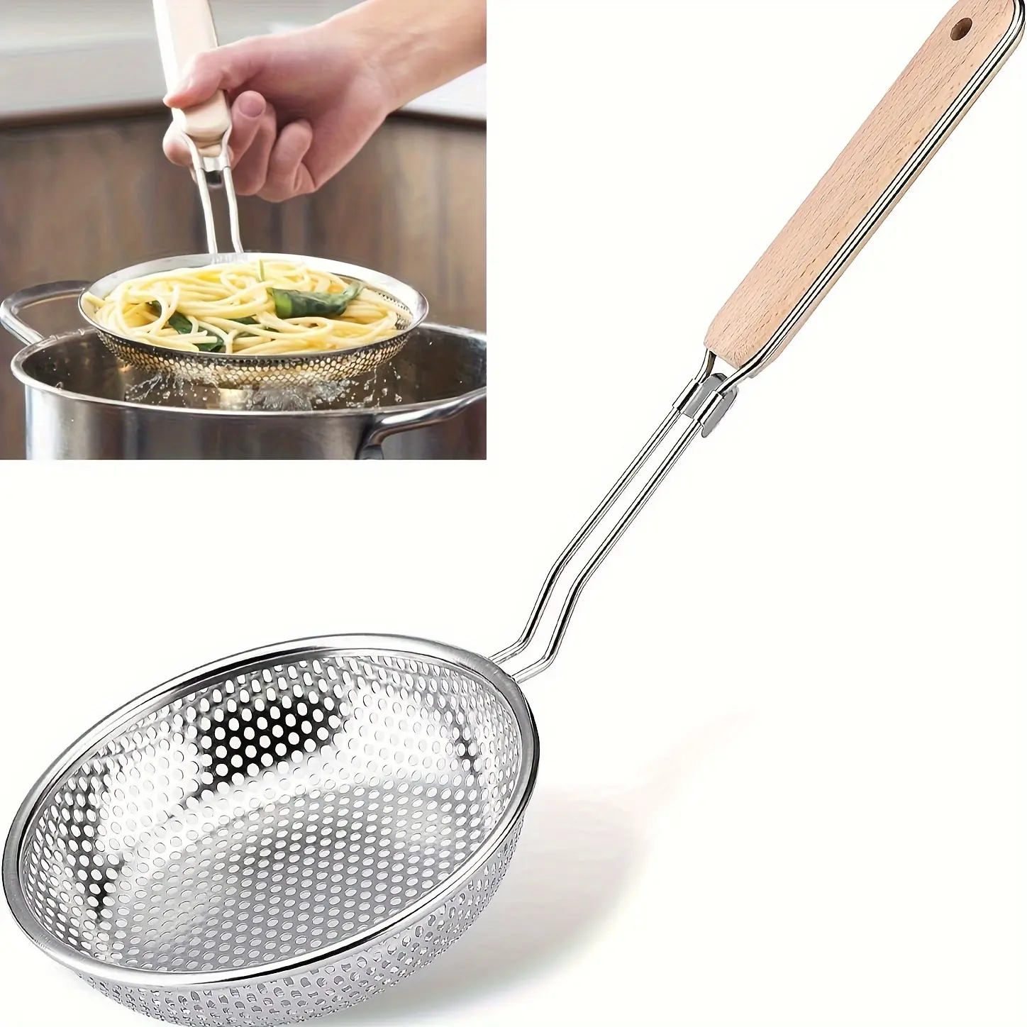 1pc Premium Stainless Steel Colander with Wooden Handle - Fine Mesh Skimmer Spoon for Cooking, Food Prep & Grease Filtering - Ideal for Pasta & Noodles, Perfect for Home Kitchens & Restaurants, Stainless Steel Utensils, Fat Skimmer Spoon