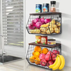 2pcs Fruit Basket Kitchen Storage Wire Baskets with Wood Lid, Stackable Wall-Mounted Countertop Kitchen Counter Organizer for Snack, Fruit and Vegetable Storage, 11.8 x 7.9 x 8.5 Inch
