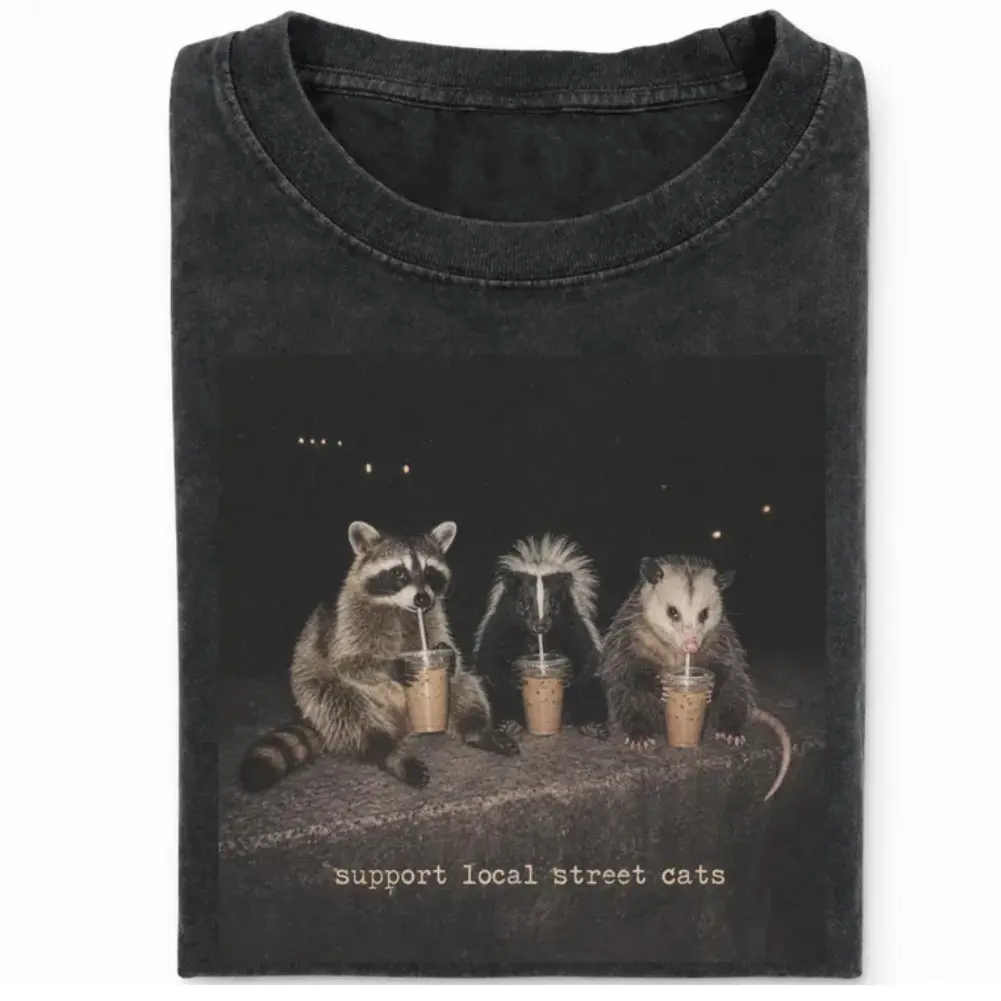 Vintage Comfort Colors Support Local Street Cat Shirt, Funny Raccoon Skunk Possum Shirt, Retro Animal Lover Meme Tee, Vintage Style Iced Coffee Tee, Cotton unisex T-shirt,  Trendy Shirt