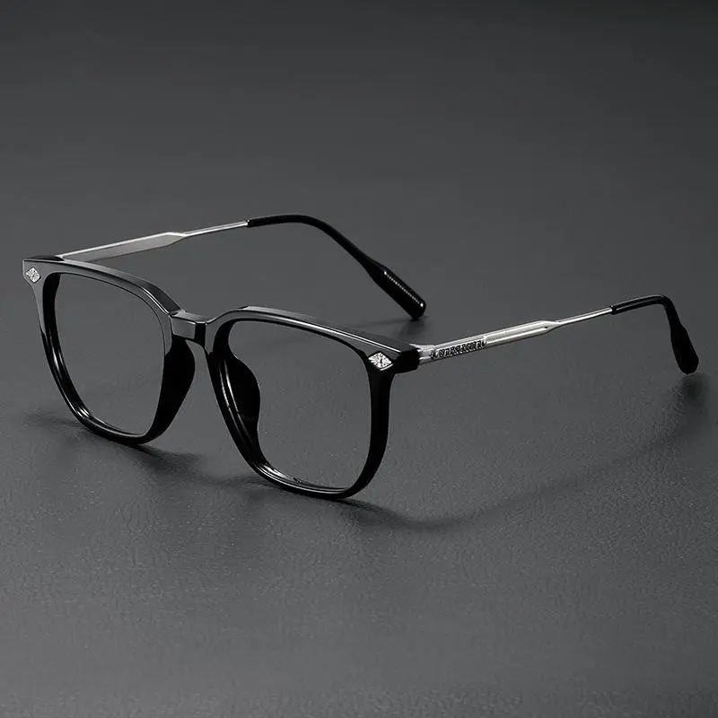 Unisex Glossy Black Square Non-Prescription Eyeglasses, Silver Metal Engraved Temples, Clear Anti-Blue Light , Trendy Computer Frames, 5 Frame Color Options transition lenses