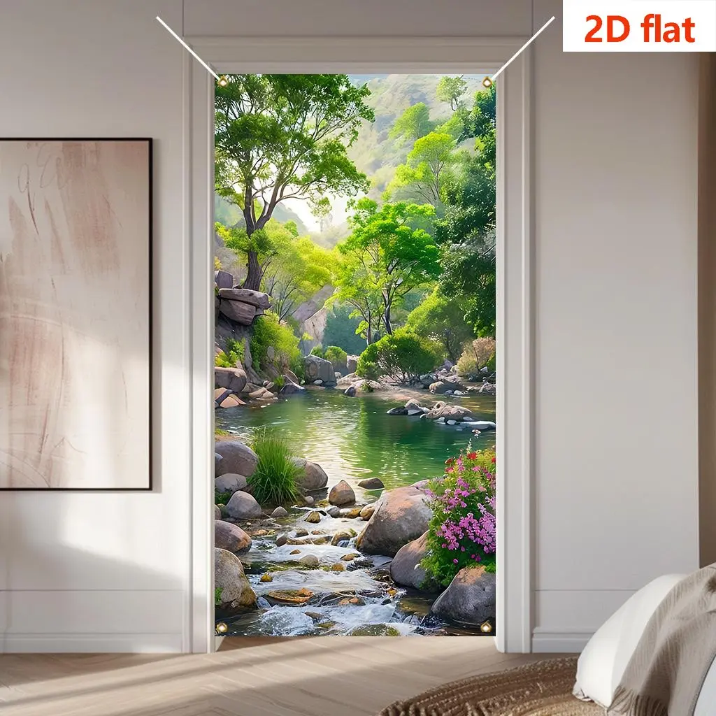Forest & River Scenery Pattern Door Banner, 1 Count Durable Polyester Fiber Door Curtain, Decorative Door Banner for Home Living Room Bedroom, Ornaments, Backdrop Tapestry Banner, Greenery Backdrop