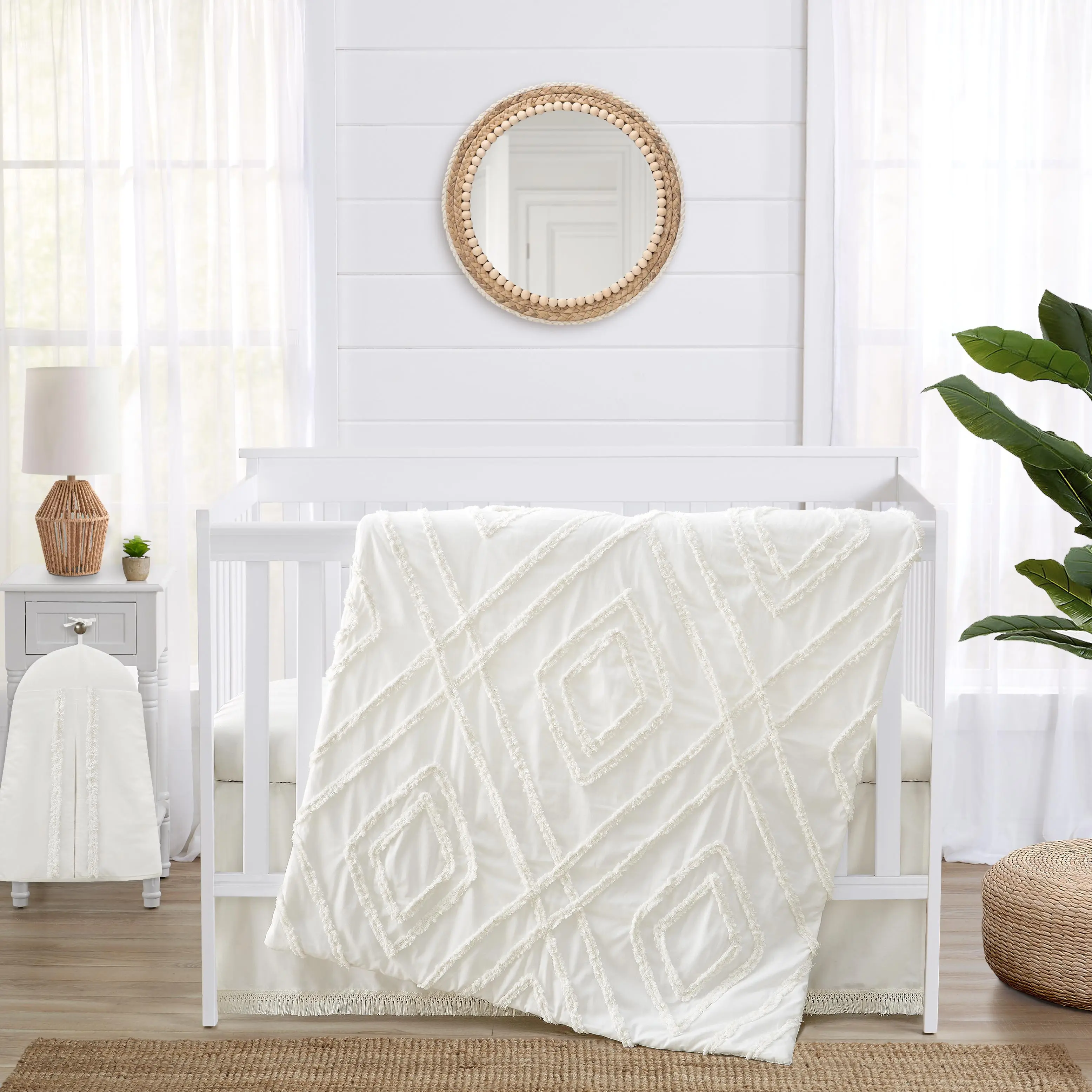 Sweet Jojo Designs 4-Piece Baby Crib Bedding Set (100% Cotton Off White Boho Chic) for Boys or Girls, Infants/Nursery incl. Blanket, Fitted Sheet, Skirt, Diaper Stacker (Neutral, Modern, Shabby Chic)