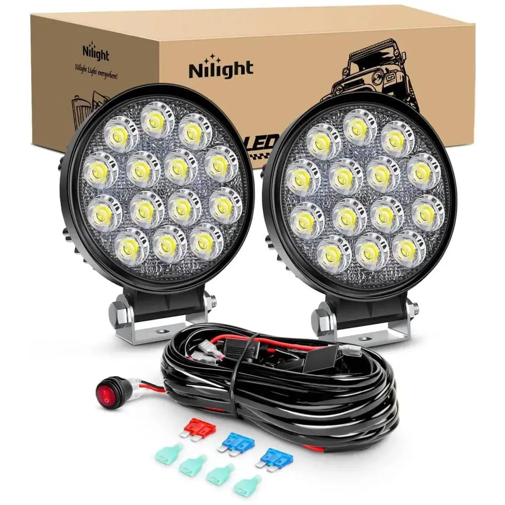 Nilight 4.5-Inch 42W 4200LM Round Flood Beam LED Off-Road Car Work Lights (Pair), 16AWG Wire, 3-Pin Switch, Aluminum Cover, LED Backlights