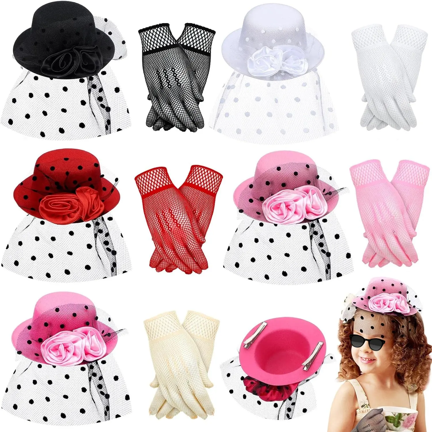 5-Piece Tea Party Set with Top Hat, Gloves, Jewelry, and Fan Childrens Little Lady Tea Party Costume Box With Dress up  main image 4
