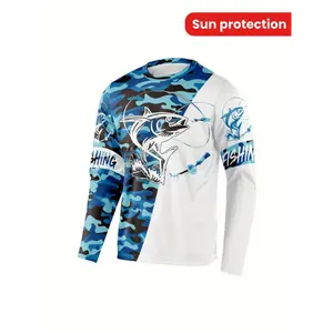 Men's Camouflage And Fish Graphic Print Sun Protection Shirt, Active Long Sleeve Crew Neck Rash Guard For Fishing Hiking Outdoor