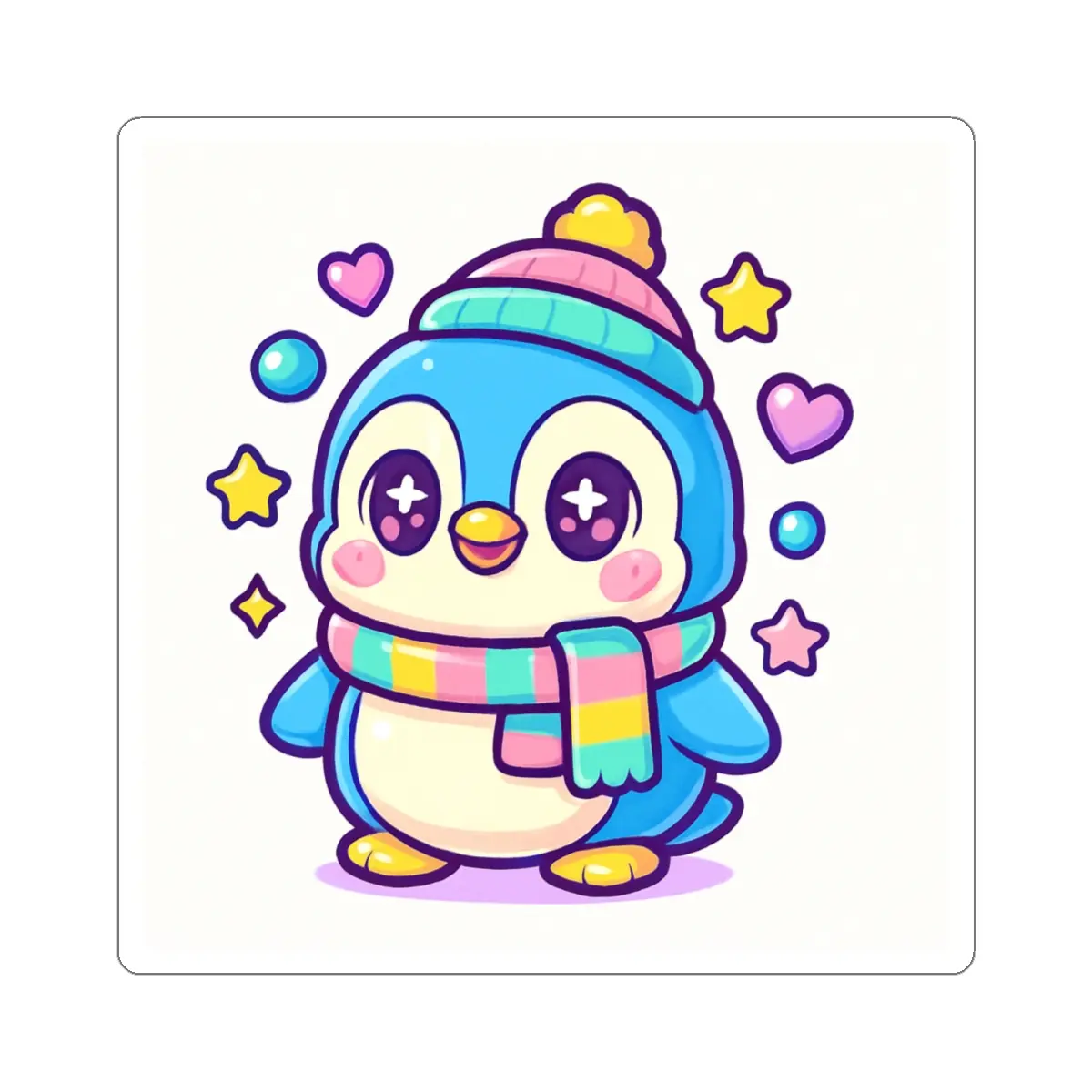 Joyful Penguin Sticker for Penguin Lovers Collectors Gifts Glossy Vinyl Decal with Rainbow Scarf Winter Hat Durable Adhesive Four Sizes 2x2 3x3 4x4 6x6