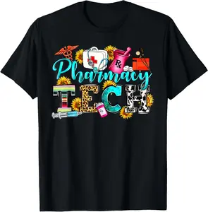 100% Cotton Retro Leopard Pharmacy Tech Pharmacist Certified Pharm Tech T-Shirt