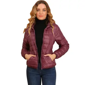 INSPIRE CHIC Women’s Burgundy Lightweight Packable Down Puffer Coat with Hood and Zipper, Long Sleeves for Winter