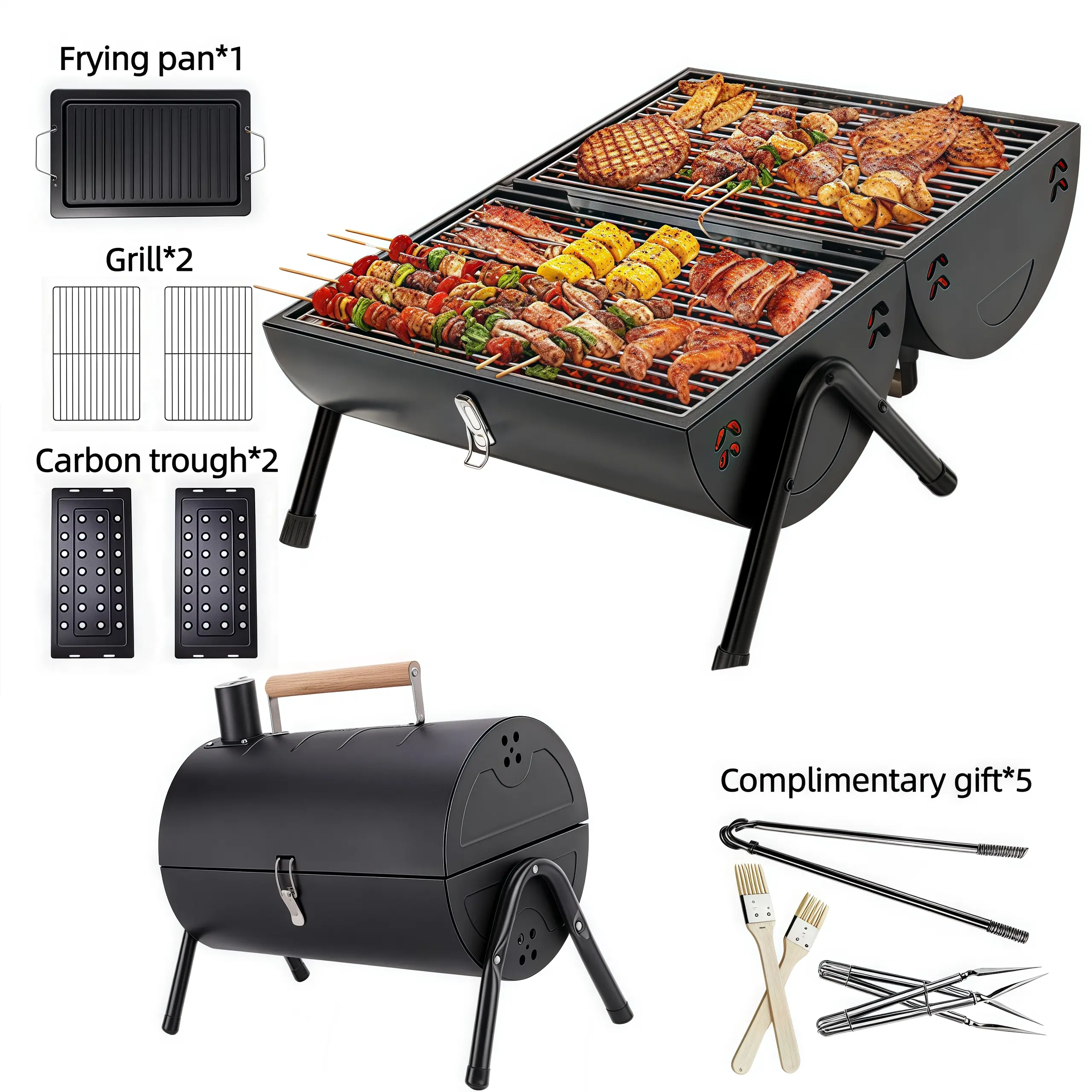11-in-1 Double-sided Portable Charcoal Grill with Smoker Function