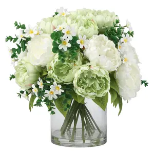 White & Green Mixed Peonies Bouquet, Silk Faux Peony with Glass Bottle and Faux Water for Home Decor Wedding Bouquets Table Centerpieces