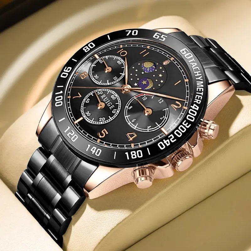 ruige Men's Casual Business Stainless Steel Wristwatch with Large Dial, Moon Phase, Luminous Display, and < 30M Waterproofing, Casual Business Wristwatch, Buckle, Male Watch, 46Mm, Analog, Metal, Mineral Glass, Quartz, Round, 6 Months, Circular Shape
