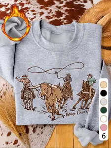 Vintage Cowboy Rope Shirt, Western Style, Animal Graphic, Long Sleeve, Casual Fitted Top, Fall & Winter Fashion