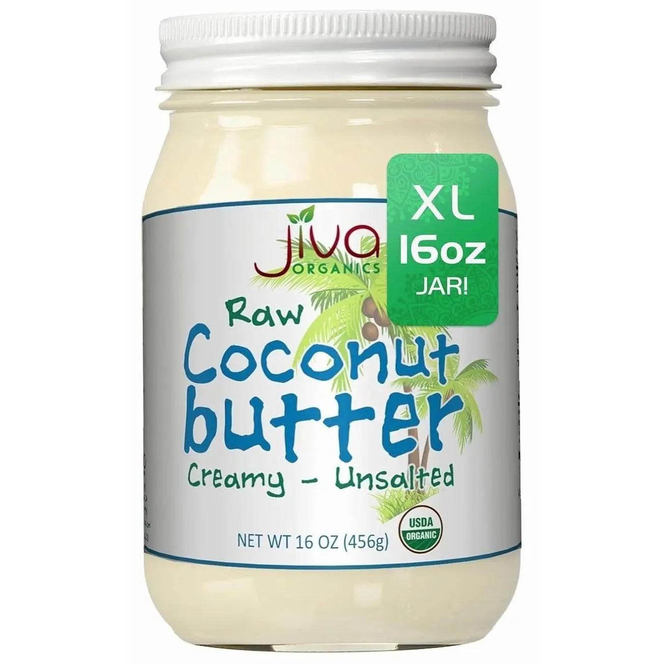 Jiva Organics RAW Organic Coconut Butter 16 Ounce Jar - Creamy, Unsalted