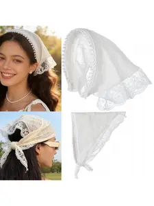 Women's Vintage Lace Trim Triangle Headscarf, 1 Piece White & Apricot Floral Lace Hair Bandana, Cute Sweet Triangular Head Wrap for Girls & Ladies, Fashion Hair Accessory for Daily Wear, Vacation, Party and Photography, Soft Lightweight Head Scarf for Sty