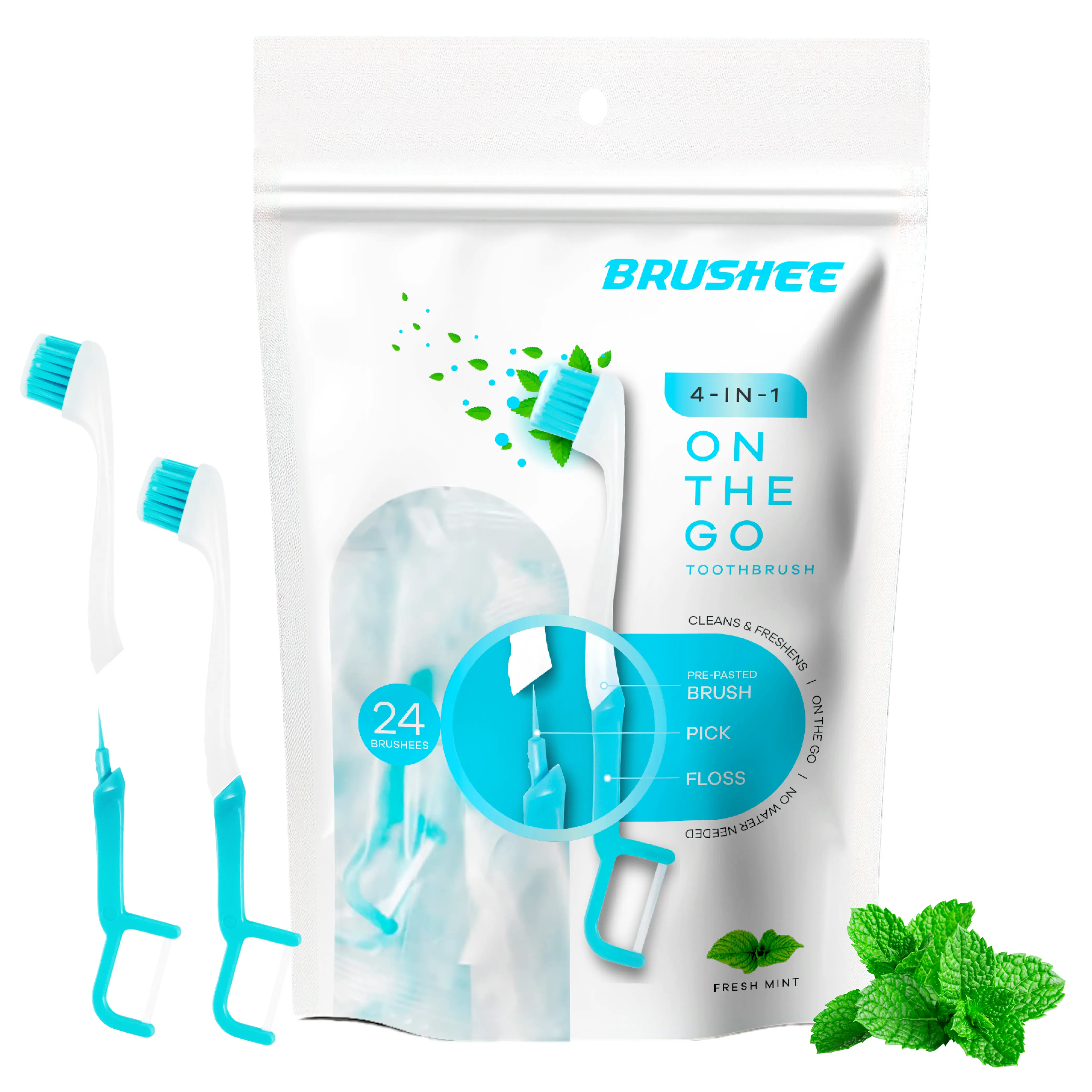 Brushee 4-in-1 On-the -Go Toothbrush - Paste, Brush, Pick, Floss - Fresh Mint