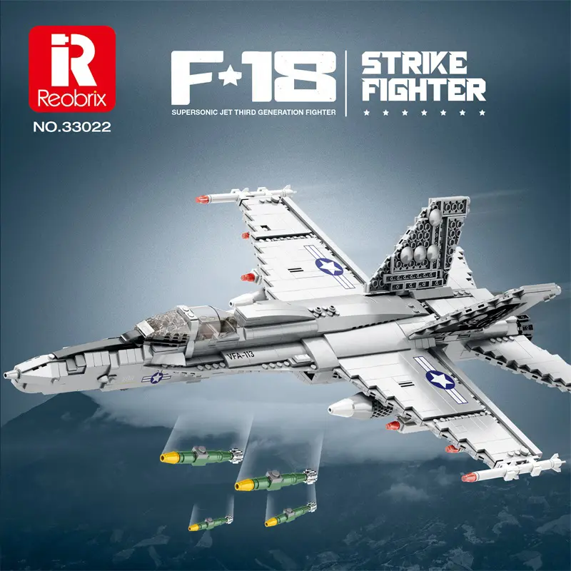 Reobrix F-18 Hornet Buildable Block Aircraft Model Kit, 33022 BPA-Free Unisex DIY STEM Construction Collector Set, 1387 PCS Toy Aviation Fan Gift for 14+