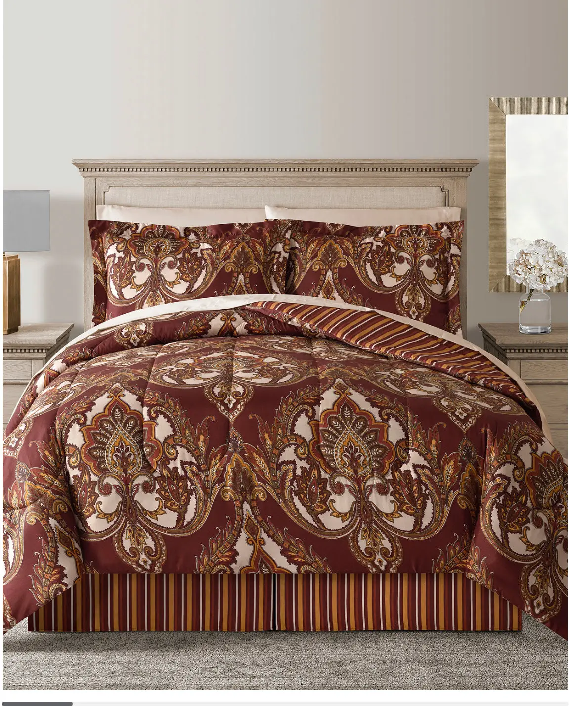 Odissey Reversible Scroll-Stripe 8-Piece Bedding Set, Queen & Double XL Sizes, Machine-Washable Edredón Collection, Queen Comforter Set, Quilt Bedding Set