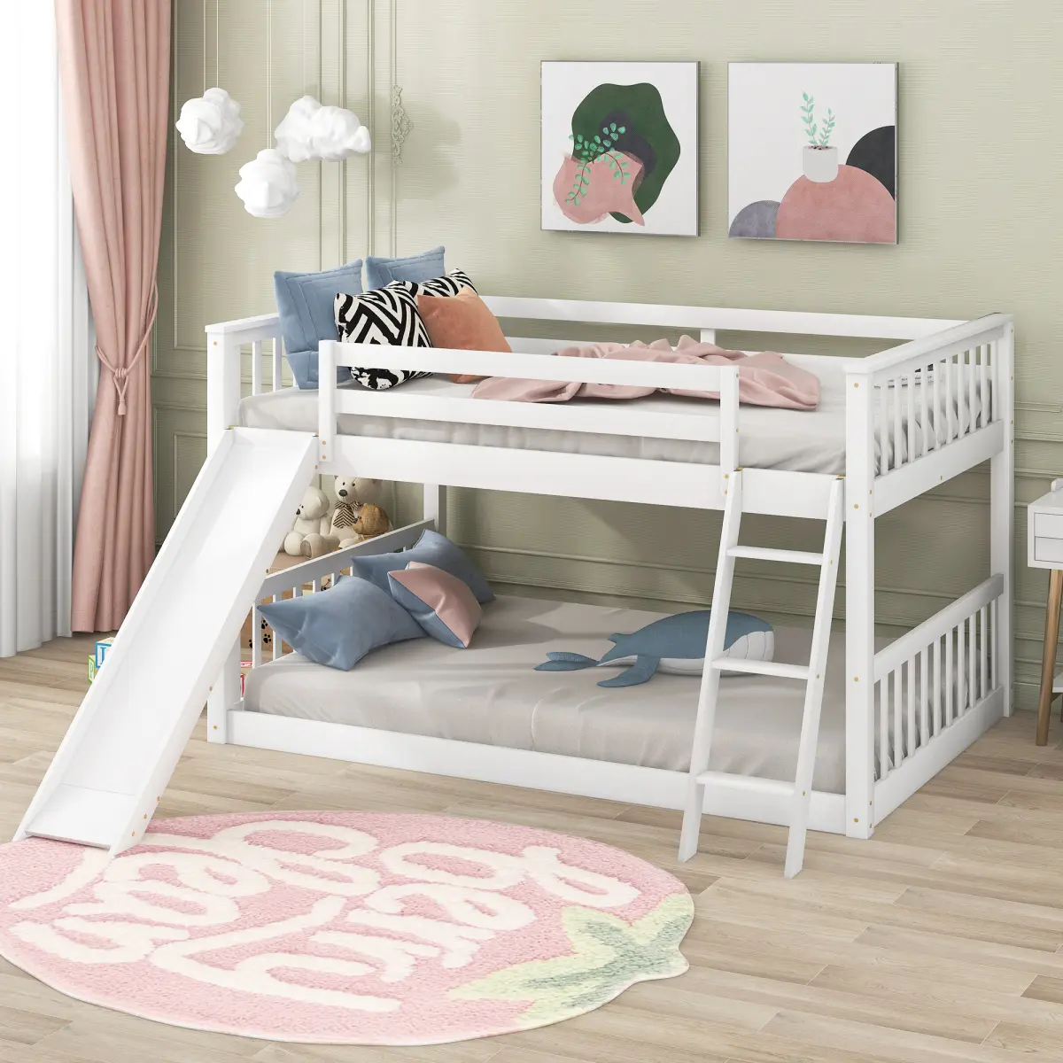 White Full over Full Convertible Bunk Bed - Slide & Ladder Included, Sturdy Frame with Safety Guardrails, Easily Converts to 2 Individual Full Beds for Growing Kids, Perfect for Kids Room Siblings’ Bedroom Playroom Guest Room Family Home