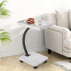 Height Adjustable C-Shape Side Table with Wheels, 360° Swivel Rolling End Table for Sofa & Bed, Mobile Laptop Desk with 2-Tier Storage Shelves, Space-Saving Nightstand for Living Room & Bedroom, 50lbs Capacity, Easy Assembly, Walnut