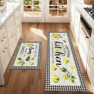 [SALE 50%] 2Pcs summer lemon floor mat set with black and white checkered background anti fatigue kitchen carpet anti slip washable kitchen laundry room decoration Kitchen Rugs