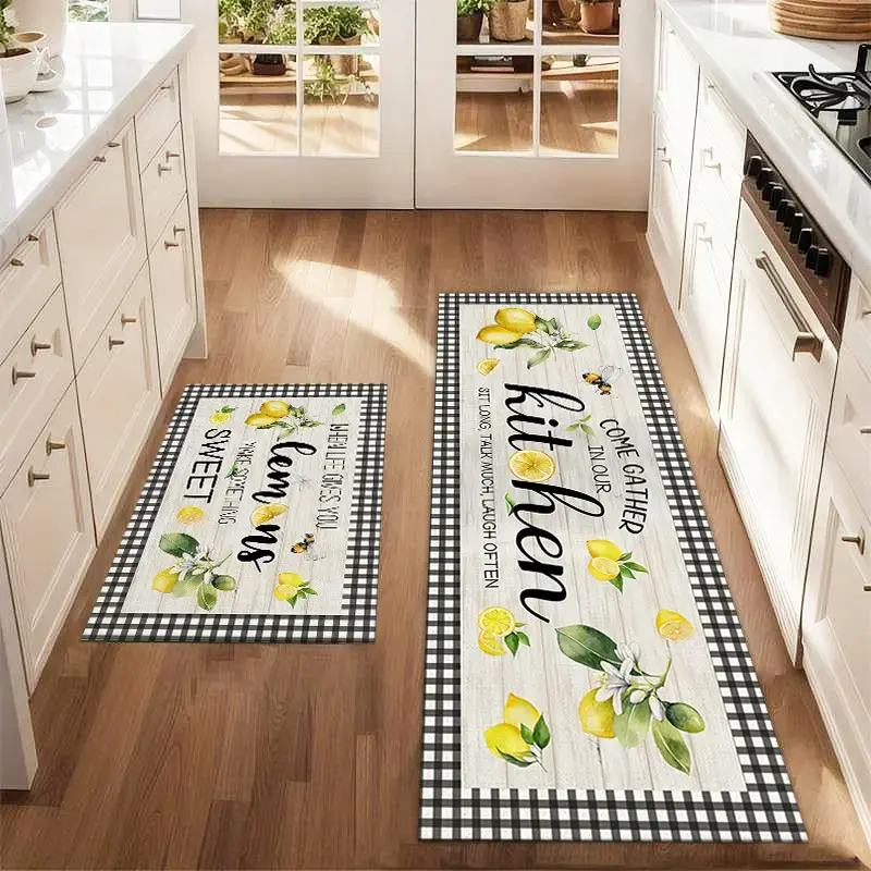 [SALE 50%] 2Pcs summer lemon floor mat set with black and white checkered background anti fatigue kitchen carpet anti slip washable kitchen laundry room decoration Kitchen Rugs