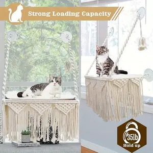 Macrame Hanging Cat Swing Bed, Silicone Macrame Rope Cat Hammock Basket, Comfortable Indoor Pet Hammock, Cat Perch with Hanging Decor for Windowsill