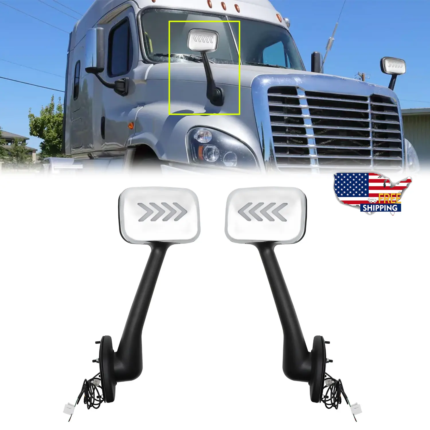 Auto Replacement Part Chrome Hood Mirror Assembly Pair Kit with LED Turn Signal Light, Side Rear View Mirrors Fit for 2008-2017 Freightliner Cascadia, Complete Driver Left & Passenger Right Set