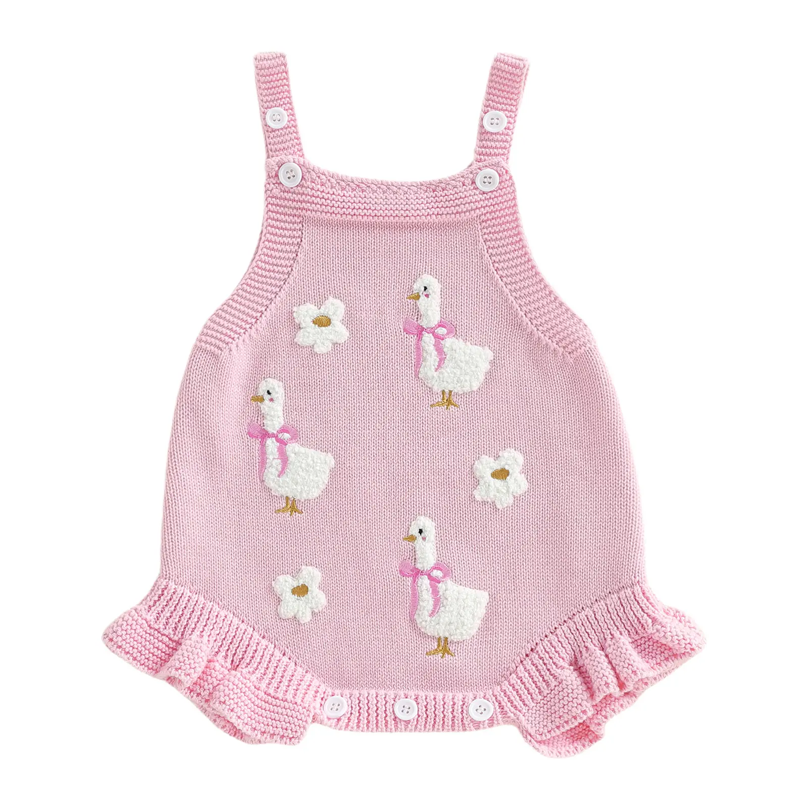 Baby Girl Silly Goose Flower Romper Sleeveless Adjustable Spaghetti Strap Ruffle Hem Sweater Overalls Onesie Bodysuit Outfit Summer Clothes #Summervibes