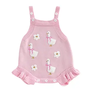 Baby Girl Silly Goose Flower Romper Sleeveless Adjustable Spaghetti Strap Ruffle Hem Sweater Overalls Onesie Bodysuit Outfit Summer Clothes